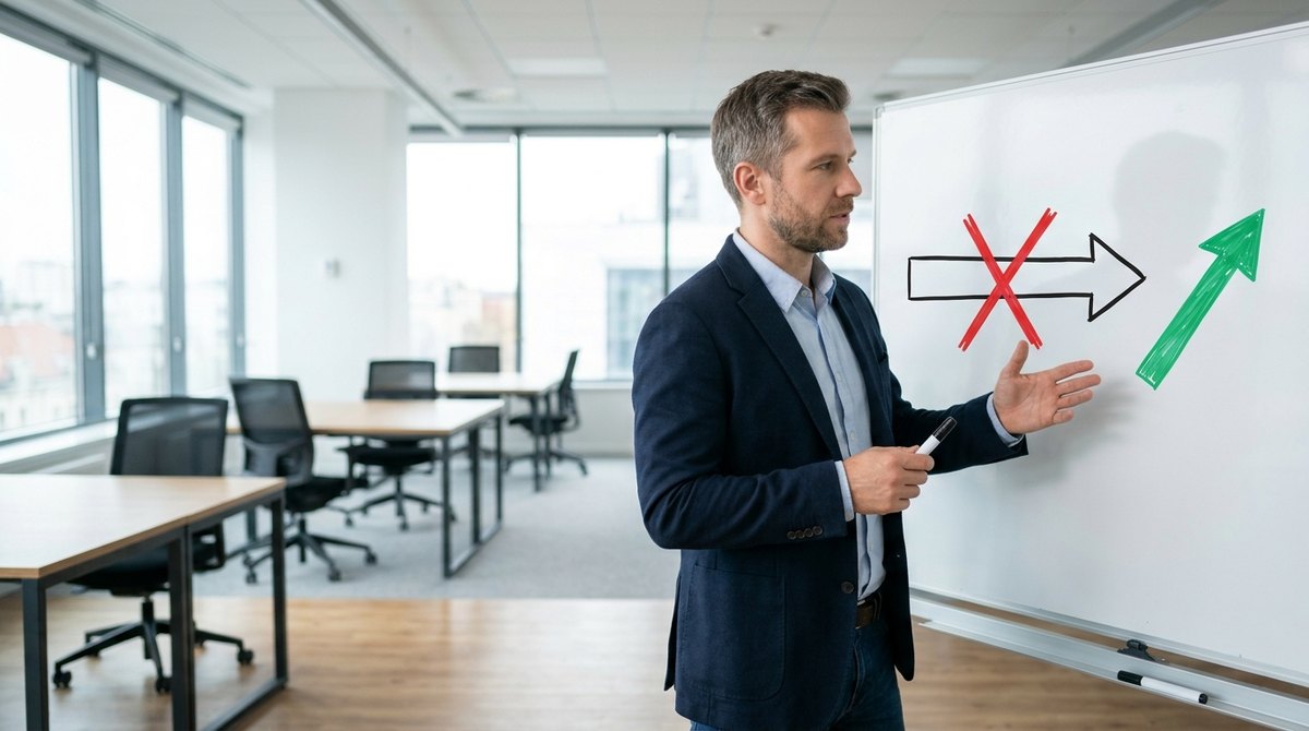 A founder stands at a whiteboard with one arrow crossed out and a new arrow pointing in a different direction