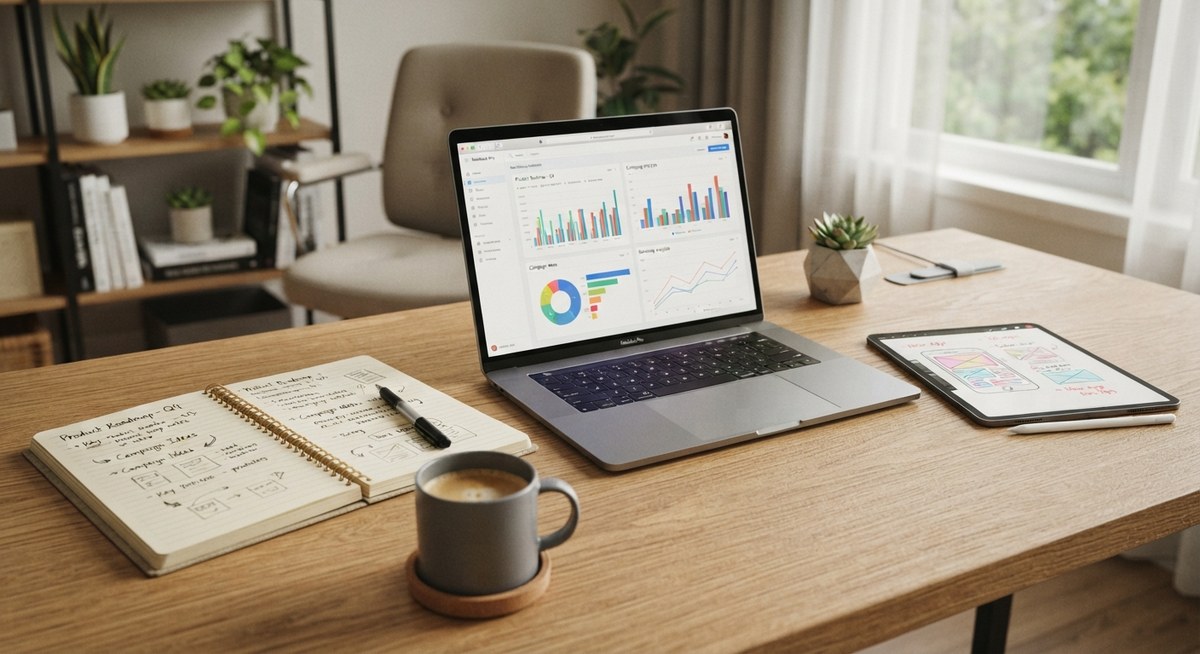 A home office desk with a laptop, tablet, and notebook