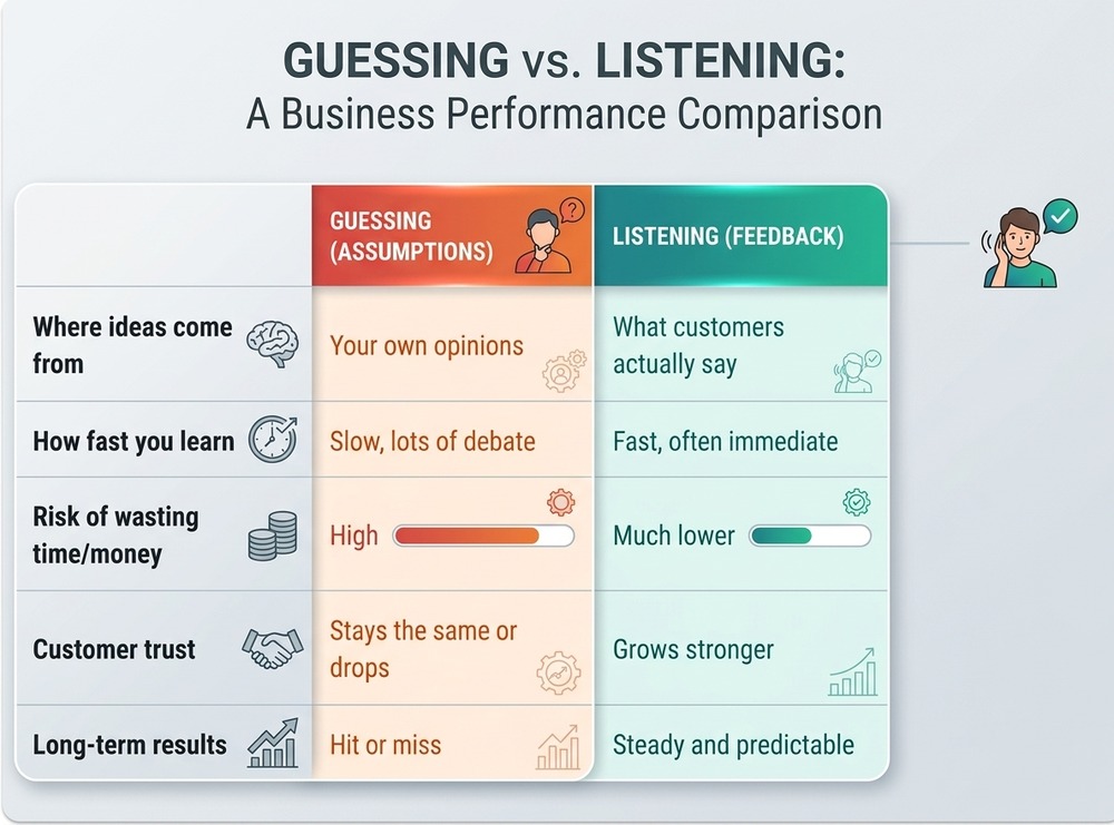 Simple two-column comparison chart showing guessing on one side leading downward and listening on the other side leading upward toward growth