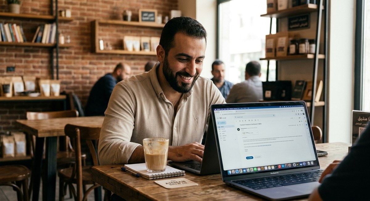 Business owner reviewing customer feedback from surveys, emails, and social media on a laptop screen