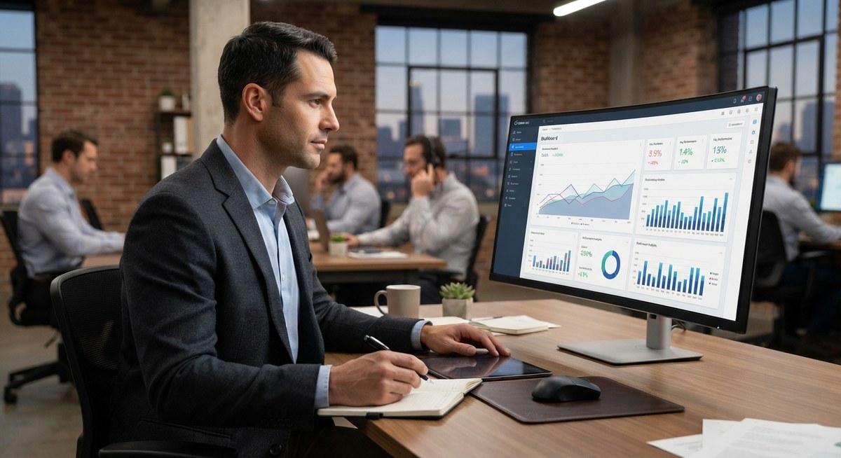 A businessman at a desk looking at a large monitor displaying a real-time analytics dashboard with revenue charts, KPIs, and performance graphs, with colleagues working in the background