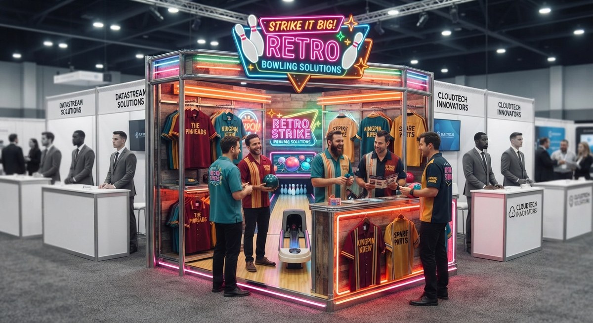 A vibrant neon-lit convention booth with retro bowling-themed branding, vintage bowling shirts, and staff chatting with attendees, standing out sharply against plain white neighboring booths