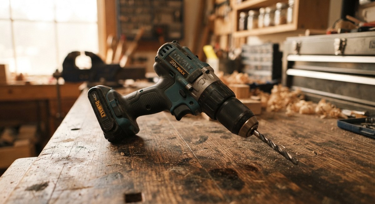 A cordless power drill resting on a cluttered wooden workbench in a workshop