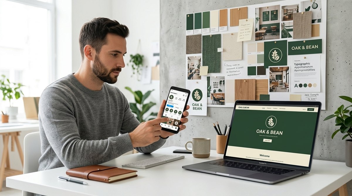 A designer compares a laptop showing a company website with a phone showing the same brand's social media profile, with matching colors and logo