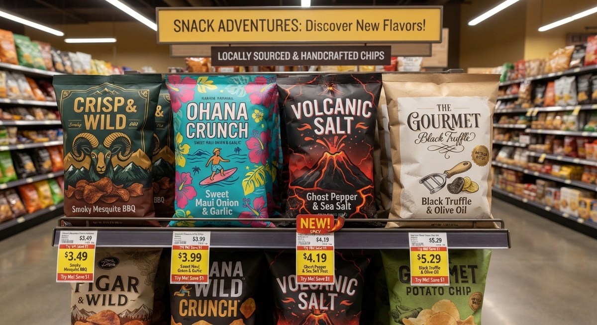 A supermarket snack aisle display featuring colorful artisan potato chip brands with discount stickers