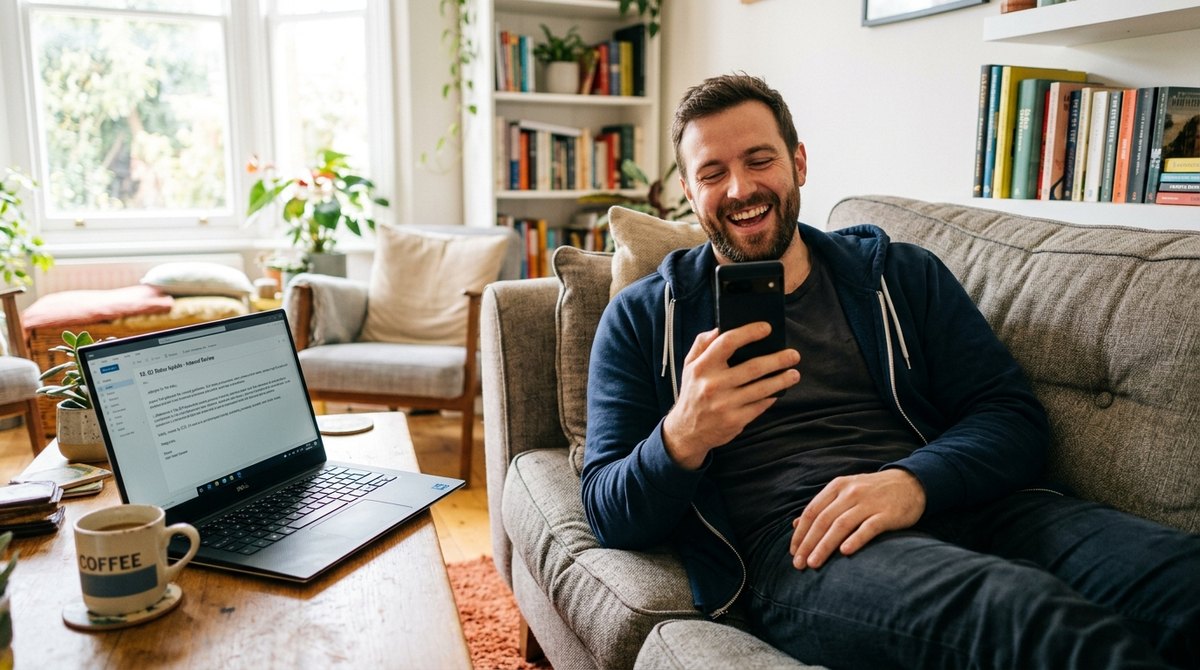 A cheerful man laughs while reading a witty brand reply on his phone, while a stiff corporate email sits unread on his laptop
