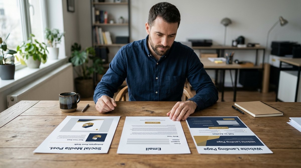A marketer compares a printed tweet, an email and a landing page side by side on a desk