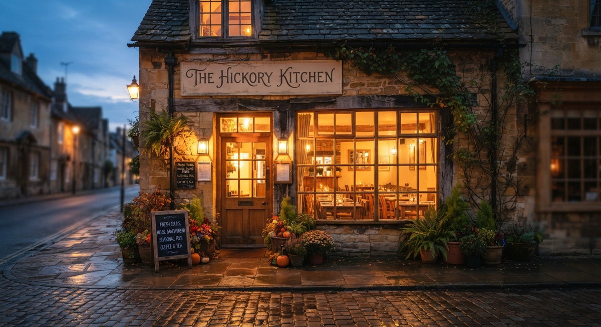 A warmly lit restaurant storefront called The Hickory Kitchen at dusk