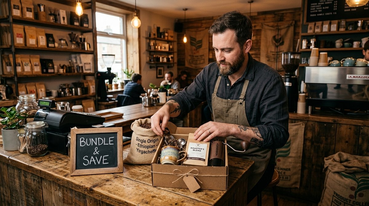 A shop owner arranges a gift box with coffee beans, a mug and a hand grinder on a wooden counter, with a sign reading Bundle and Save