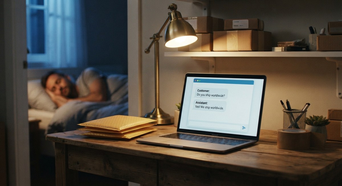A small online shop owner asleep in the background while a laptop on a desk shows a friendly chat window answering a customer's shipping question at night