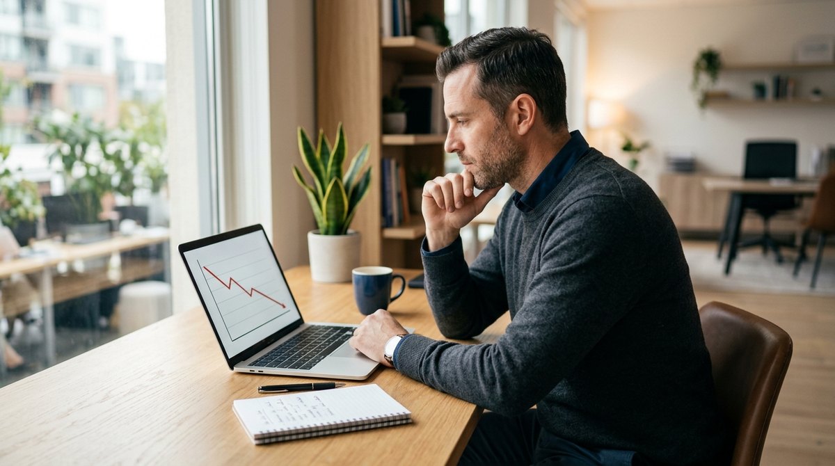 A business owner studies a laptop chart showing customers leaving, with a notepad listing reasons customers cancel