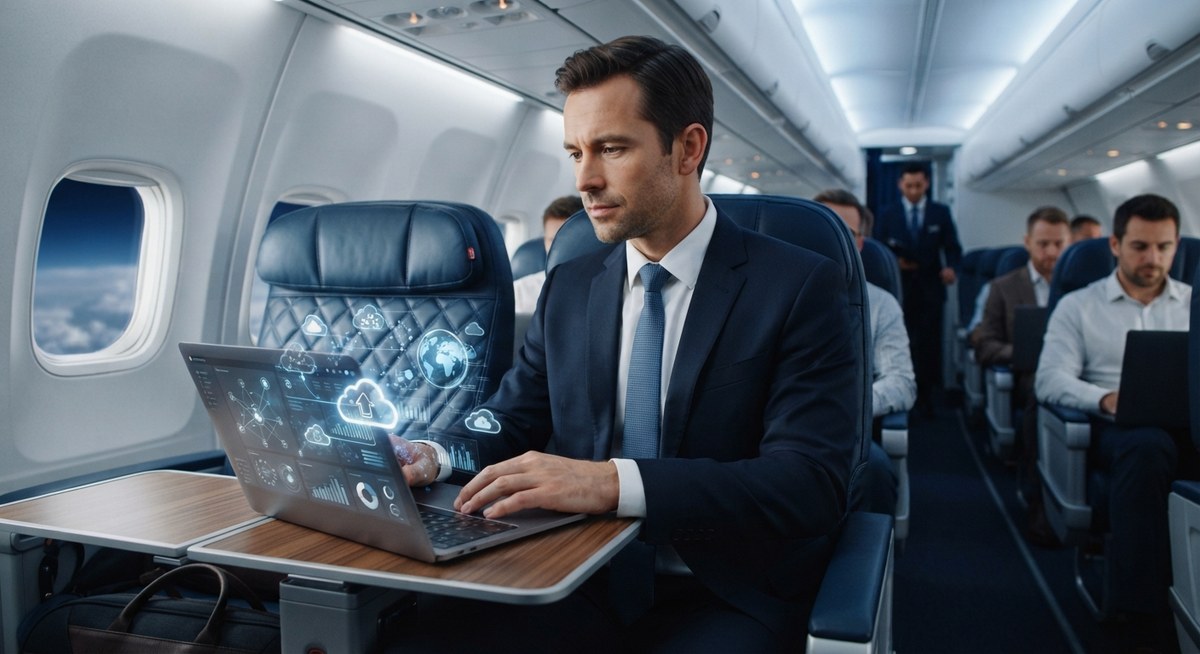 A businessman working on a laptop in an airplane cabin, with a holographic display showing cloud storage and data sync icons above the keyboard
