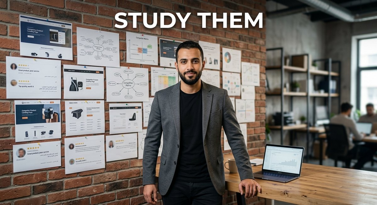 A business owner studies printed competitor product pages and customer reviews pinned on a wall beside his laptop