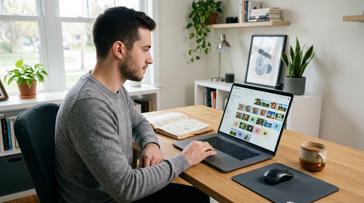 A man at a laptop looks at a monthly content calendar filled with colorful scheduled social media posts