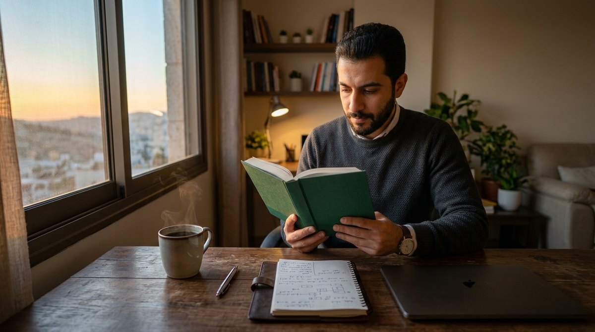 A business owner reads a book at his desk early in the morning with a notebook, coffee and laptop beside him