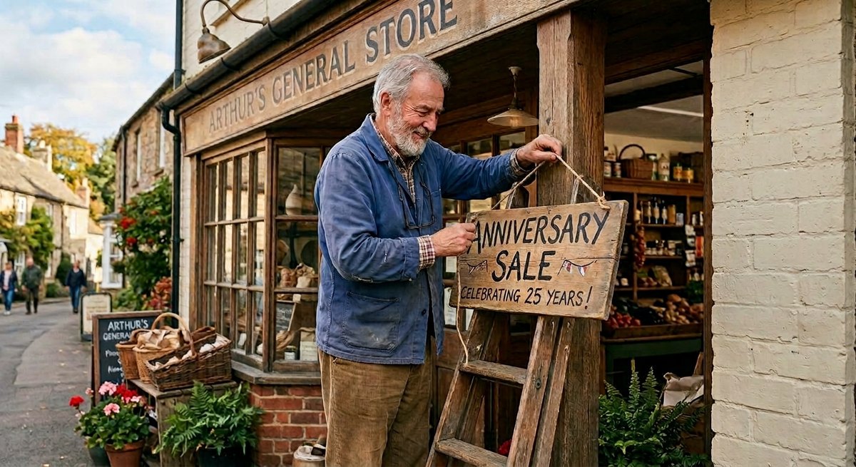 A small shop owner hangs a handmade sign reading Anniversary Sale This Weekend in a shop window with a calendar on the wall behind him
