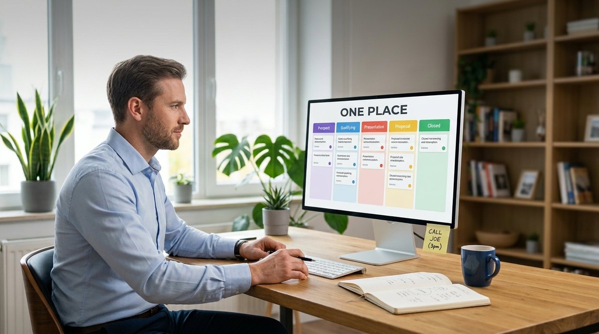 A consultant's desk with a monitor showing a simple colorful sales pipeline board and one yellow sticky note left beside it