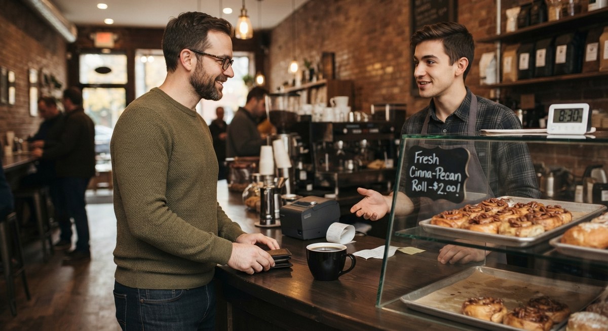 A customer smiling at a coffee shop counter while a barista gestures toward a display case of fresh cinnamon pecan rolls