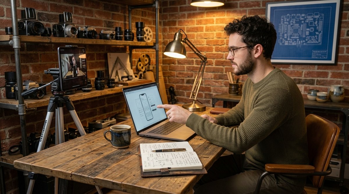 A man points at a laptop screen showing a landing page with one large highlighted button, while a colleague's notebook lists button ideas