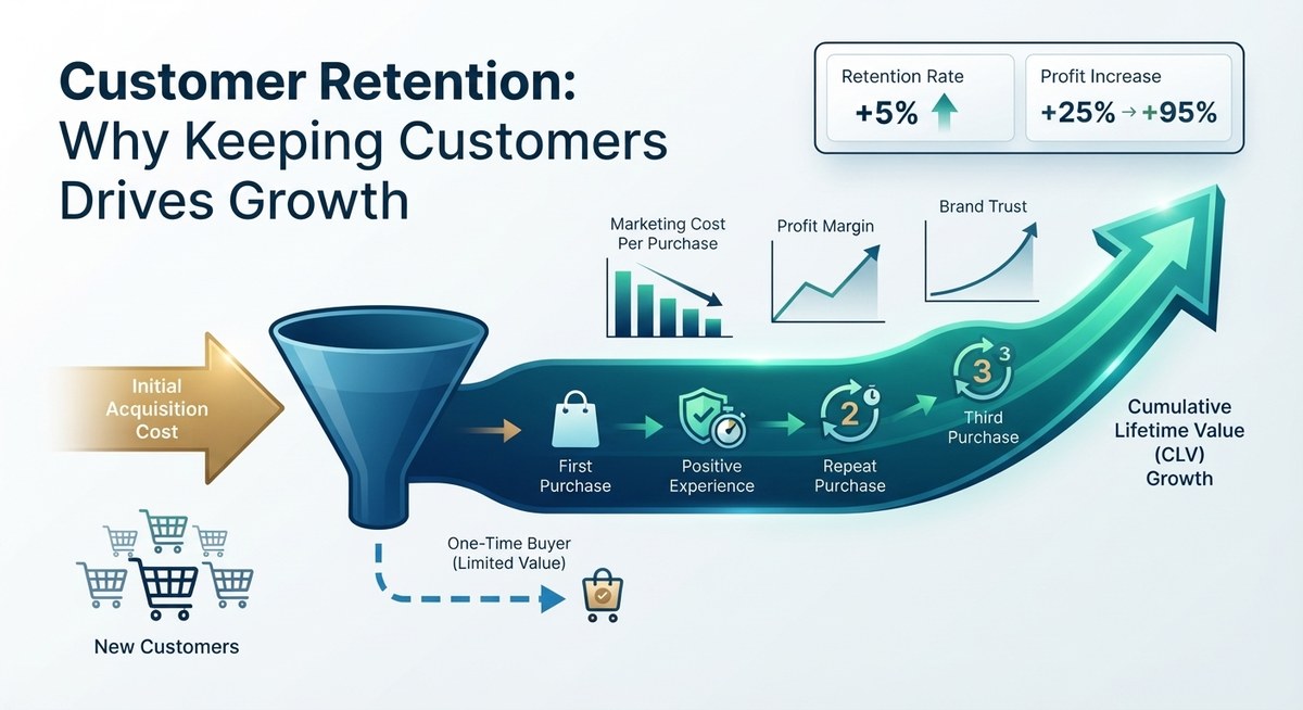 An infographic showing a funnel from new customers through first purchase and repeat purchases to cumulative lifetime value growth