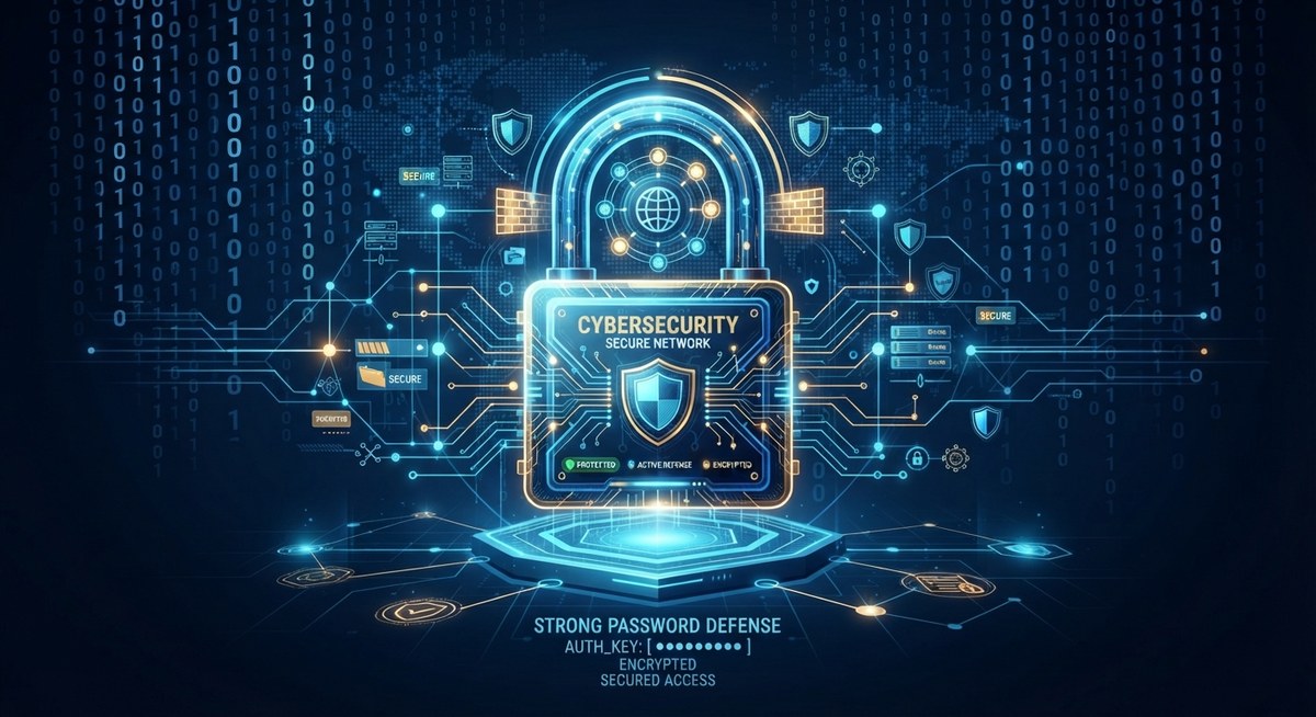 A digital illustration of a glowing padlock labeled Cybersecurity Secure Network