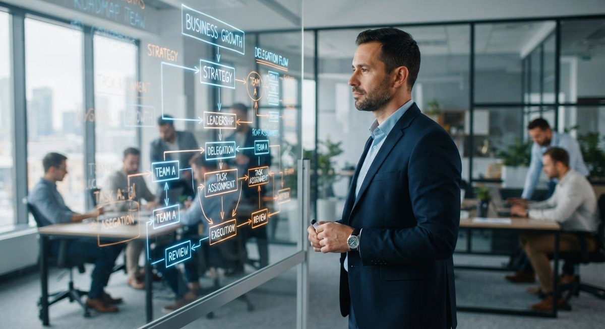 A businessman standing in front of a glass wall displaying a glowing digital delegation flowchart, with team members working at desks visible through the glass behind him