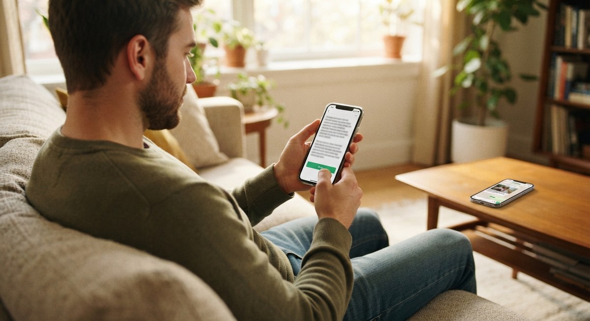 A person on a sofa reading a clean, easy-to-read article on a smartphone and tapping a share button, with a friend's phone in the background showing the shared link as a neat preview card