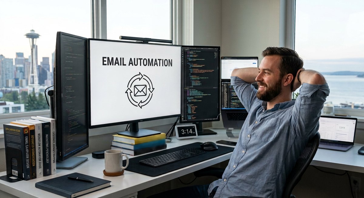 A relaxed man leans back in his chair at a home office desk with an Email Automation screen, a clock showing 3:14 and a city skyline outside the window
