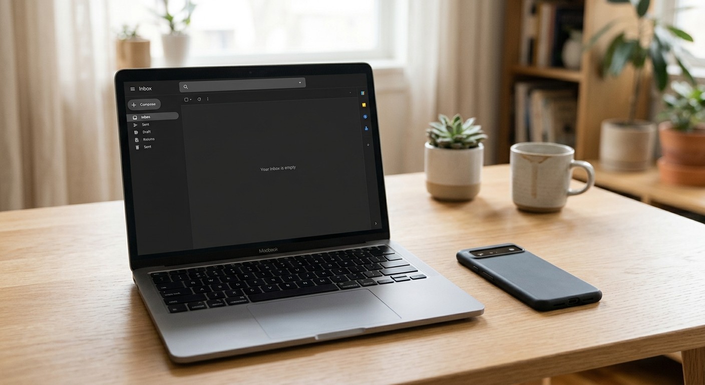 A laptop showing an inbox next to a smartphone on a clean wooden desk, soft natural light