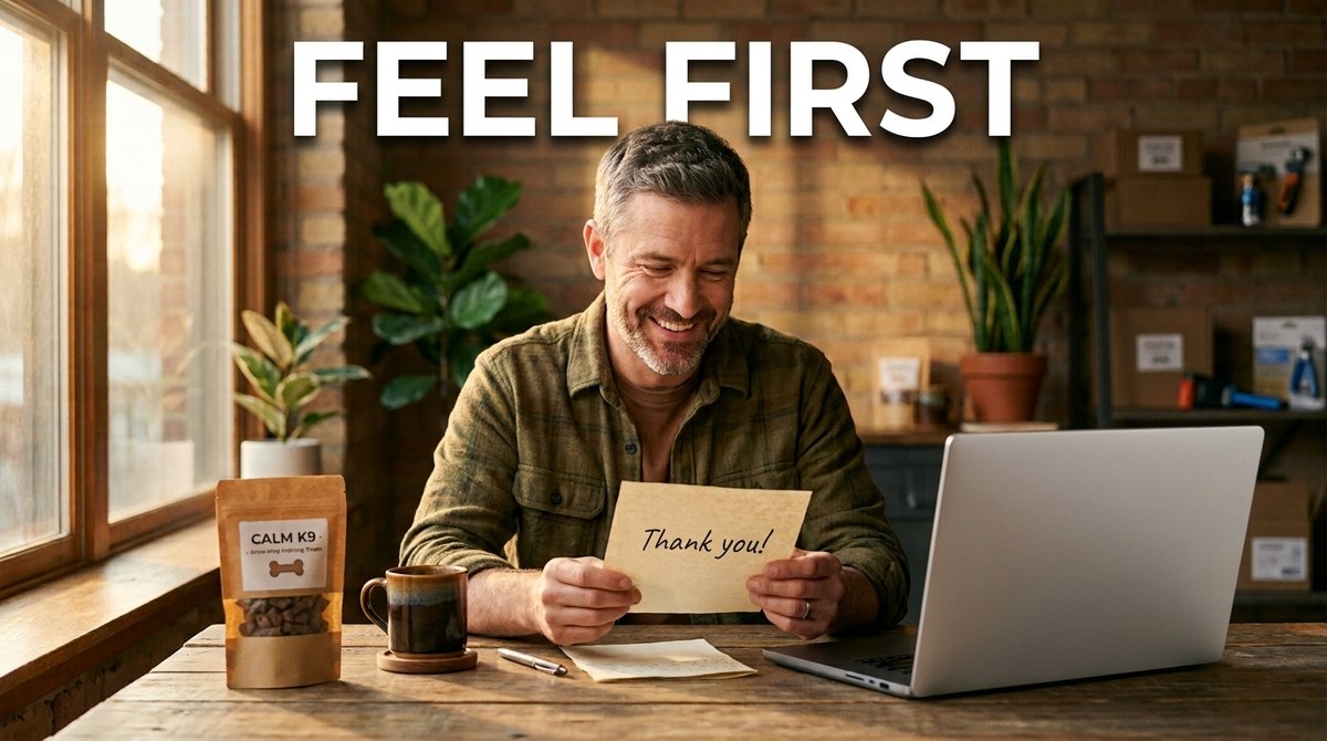 A man at a desk reads a customer's handwritten thank-you letter with a warm smile while a laptop shows a list of product facts