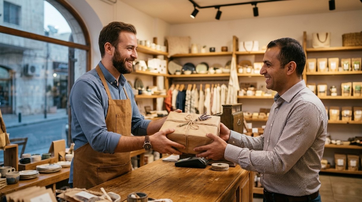 A smiling shop owner hands a neatly wrapped package to a happy customer across a wooden counter, both shaking hands