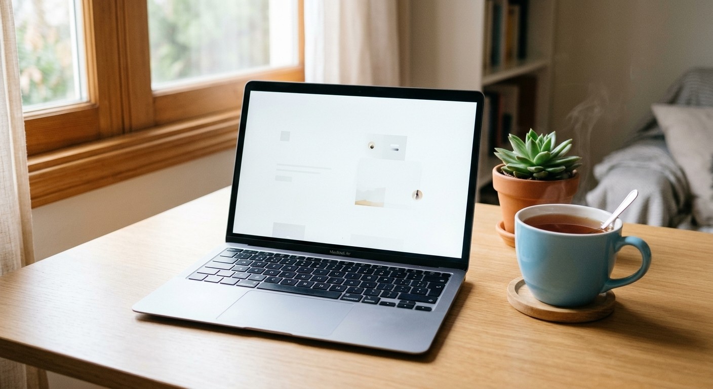 A clean, uncluttered laptop screen on a bright desk with a simple website homepage, soft natural light