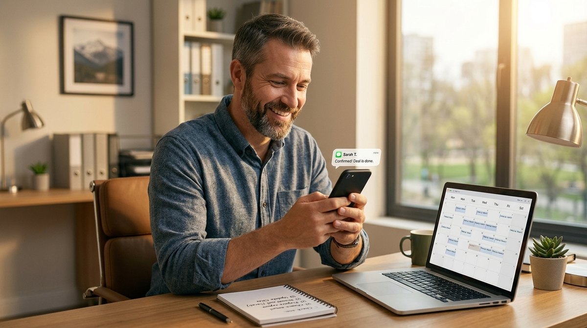 A smiling salesman reads a message saying a deal is confirmed while his laptop shows a calendar of follow-ups