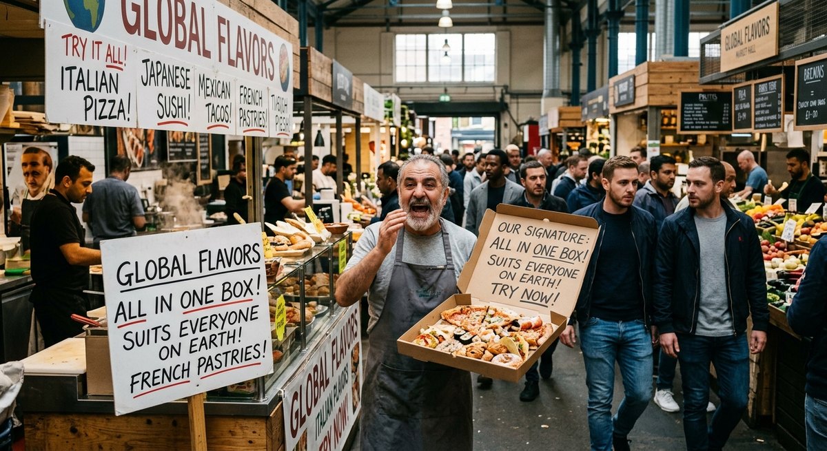A market vendor shouts while holding a pizza box filled with pizza, sushi, tacos and pastries, with signs promising global flavors for everyone
