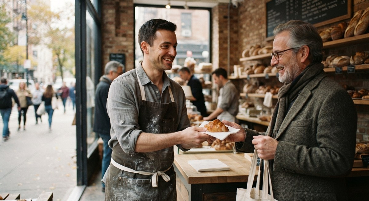 A baker handing a warm croissant to a customer outside an artisan bakery on a city street