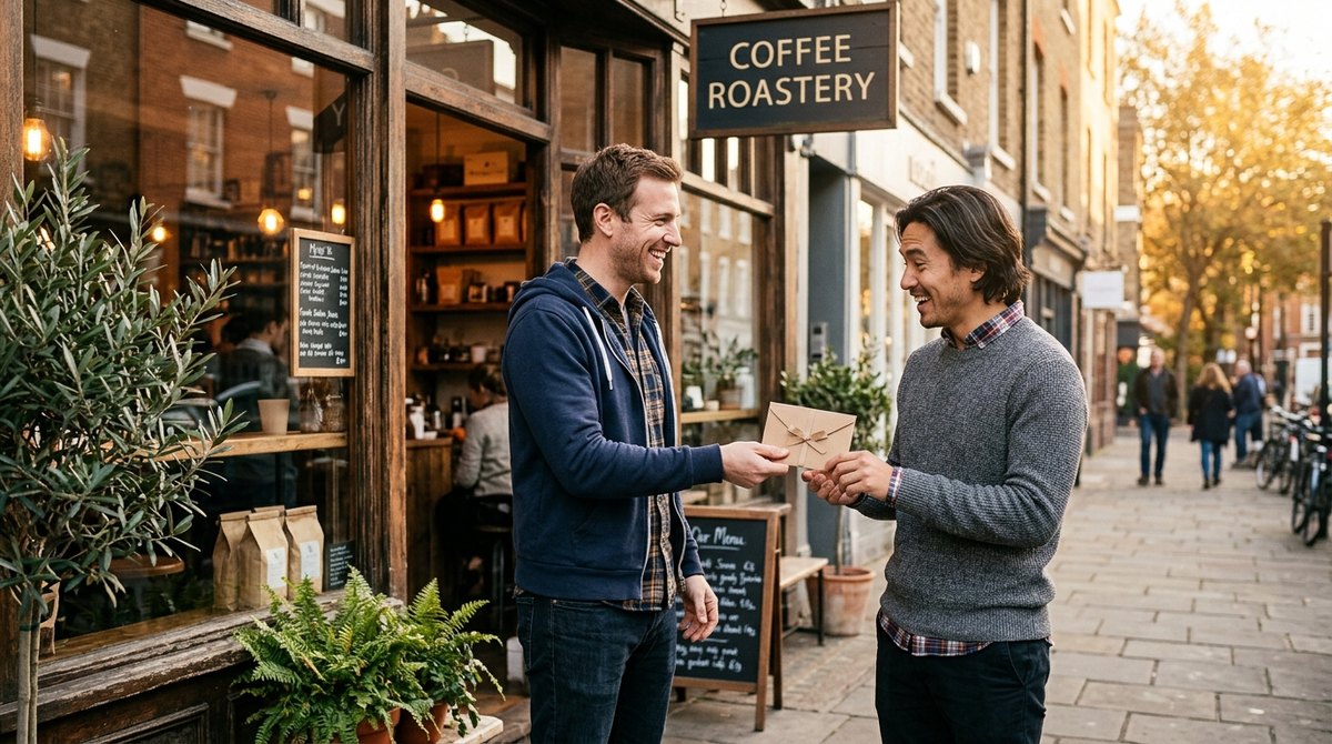 A smiling man hands a small branded gift card in an envelope to his friend outside a cozy coffee roastery