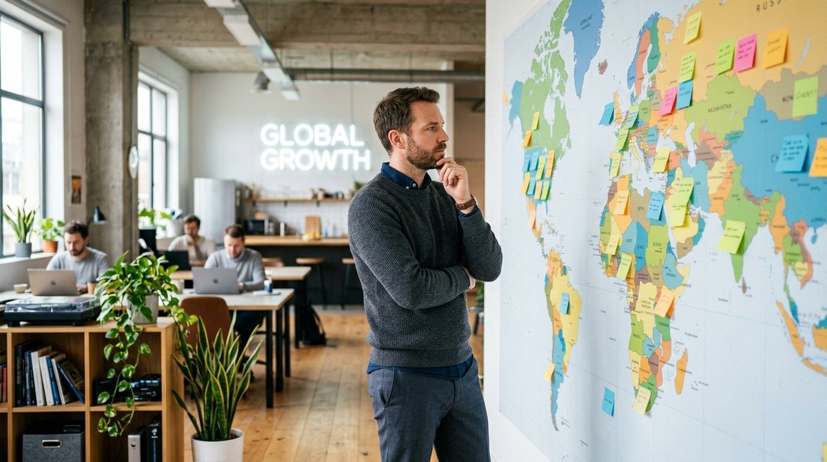 A founder looks at a world map on a wall covered with sticky notes of brand name ideas in different languages