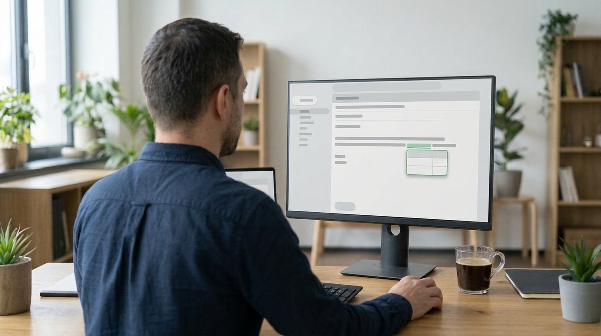 A man at a laptop reviews a draft email with a small suggestion pop-up highlighting a single word