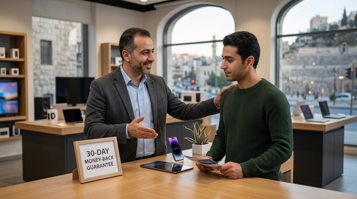 A friendly salesman in a showroom answers a customer's questions, pointing to a guarantee sign while the customer nods
