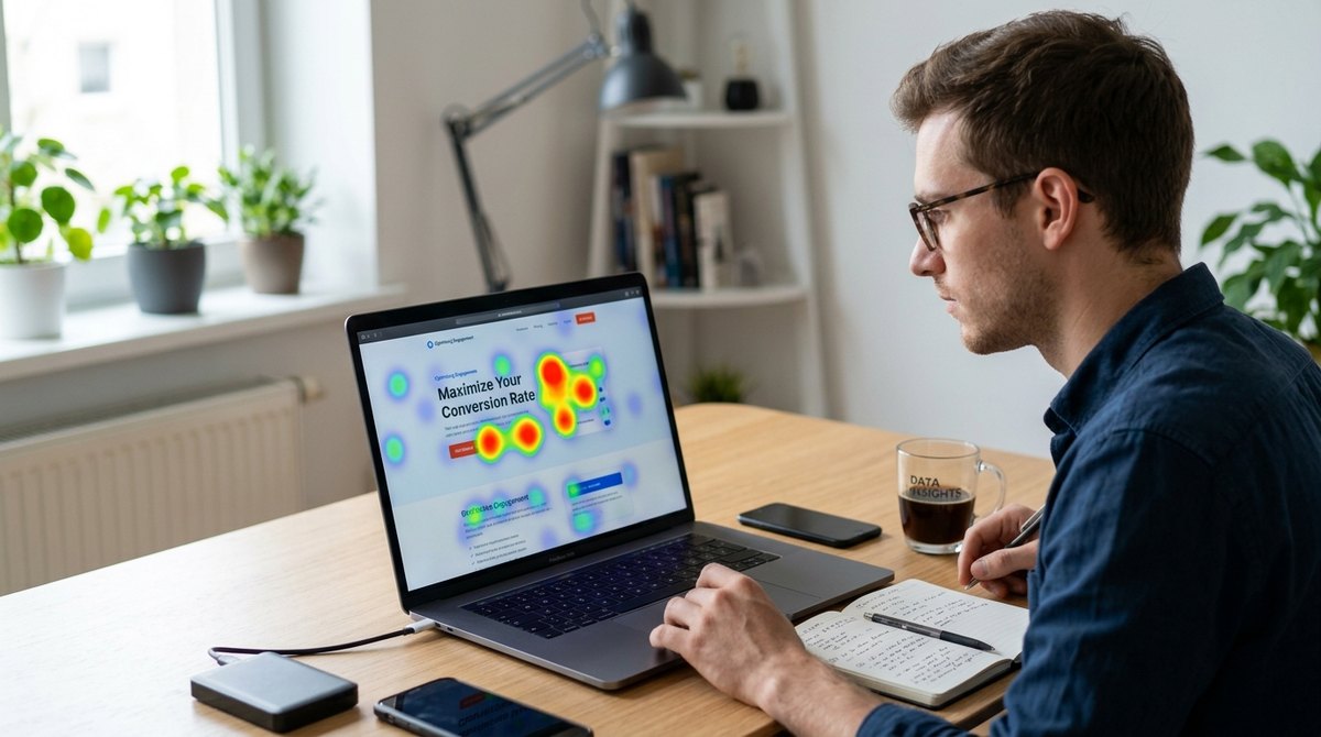 A laptop on a desk shows a website covered in a colorful heatmap overlay, with red hot spots on the main button while a man studies it