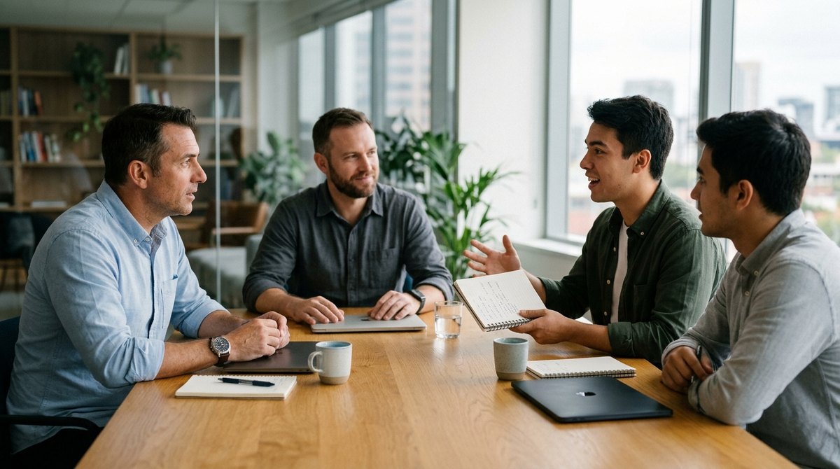 A small team sits around a bright office table while a manager listens closely to a new hire