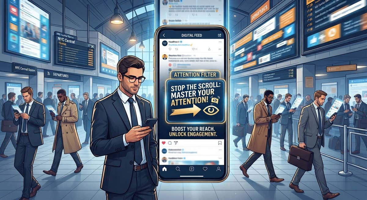 A businessman standing in a crowded train station looking at his phone