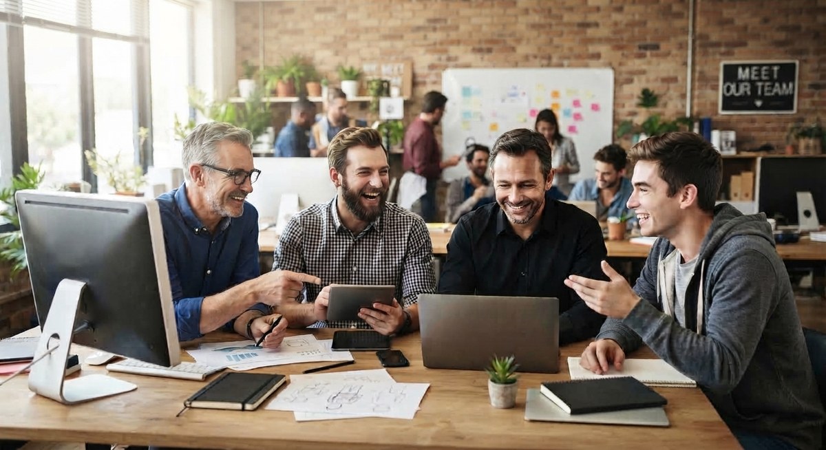 Four coworkers laughing together around a desk in a bright office with a Meet Our Team sign