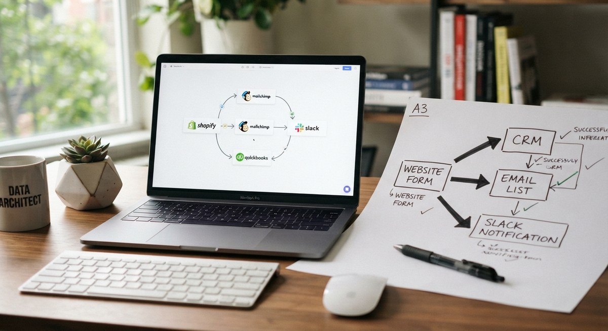 A laptop on a desk showing a workflow diagram connecting Shopify, Mailchimp, and Slack, next to a hand-drawn automation sketch on paper