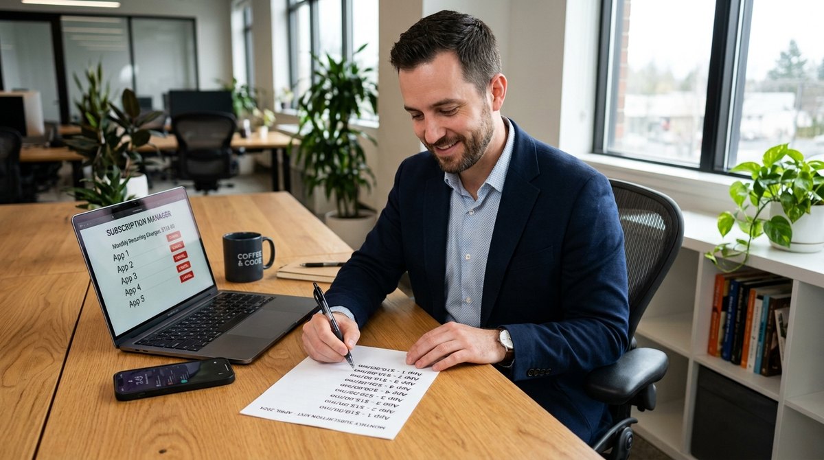 A business owner at a desk crosses out unused app subscriptions on a printed list while a laptop shows a dashboard of monthly charges