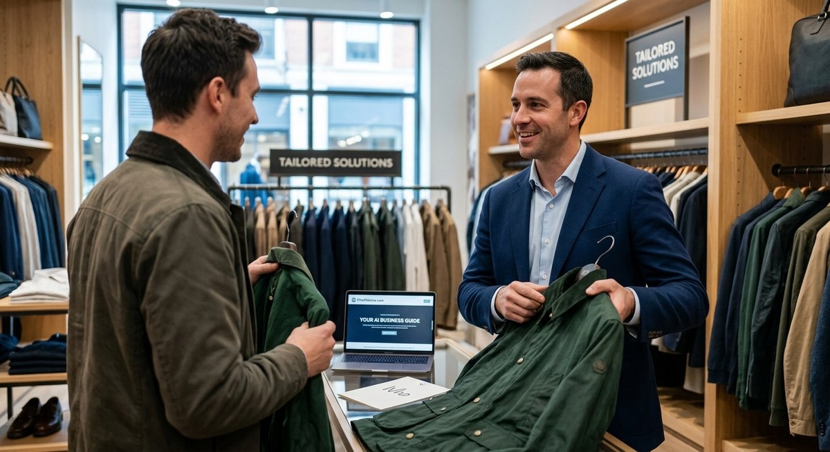 Two men in a boutique clothing store examining a jacket together