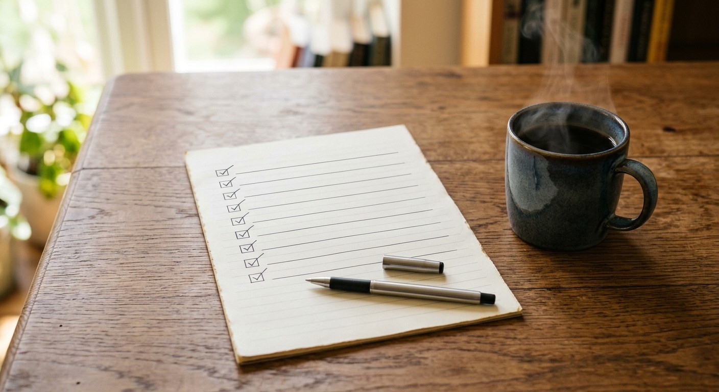 A simple one-page checklist and a pen on a wooden desk beside a cup of coffee, soft natural light