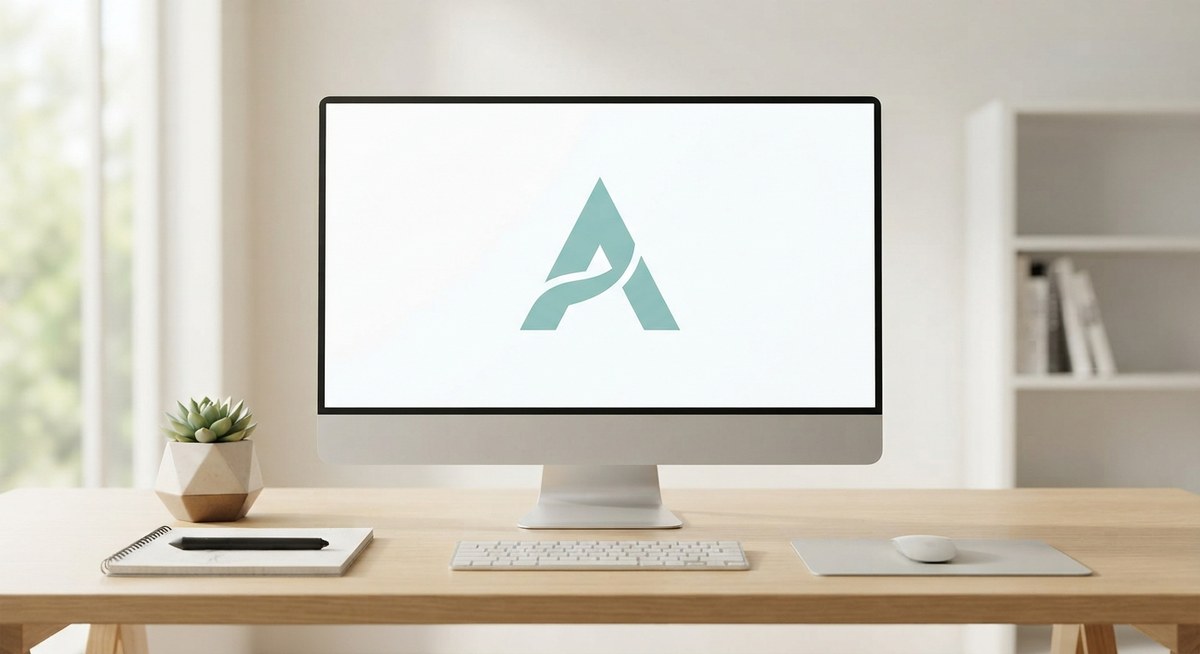A minimalist teal 'A' logo displayed alone on a large desktop monitor with generous white space
