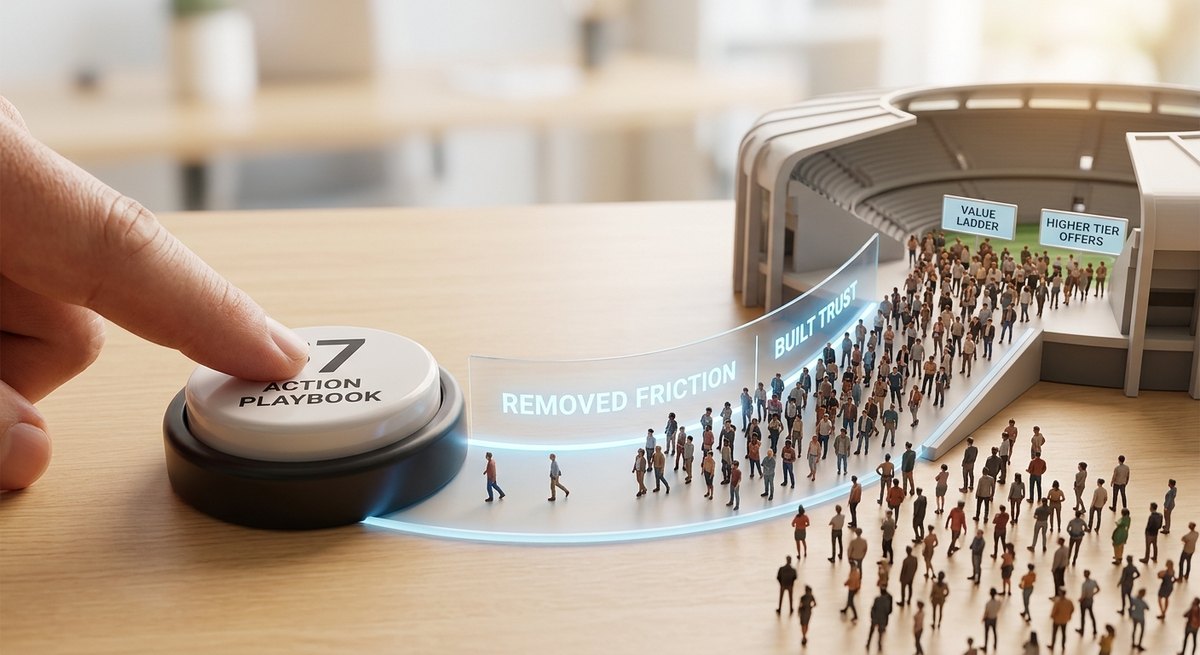 A finger presses a $7 Action Playbook button on a desk, starting a glowing path of removed friction and built trust that leads a crowd of tiny people into a stadium of higher tier offers