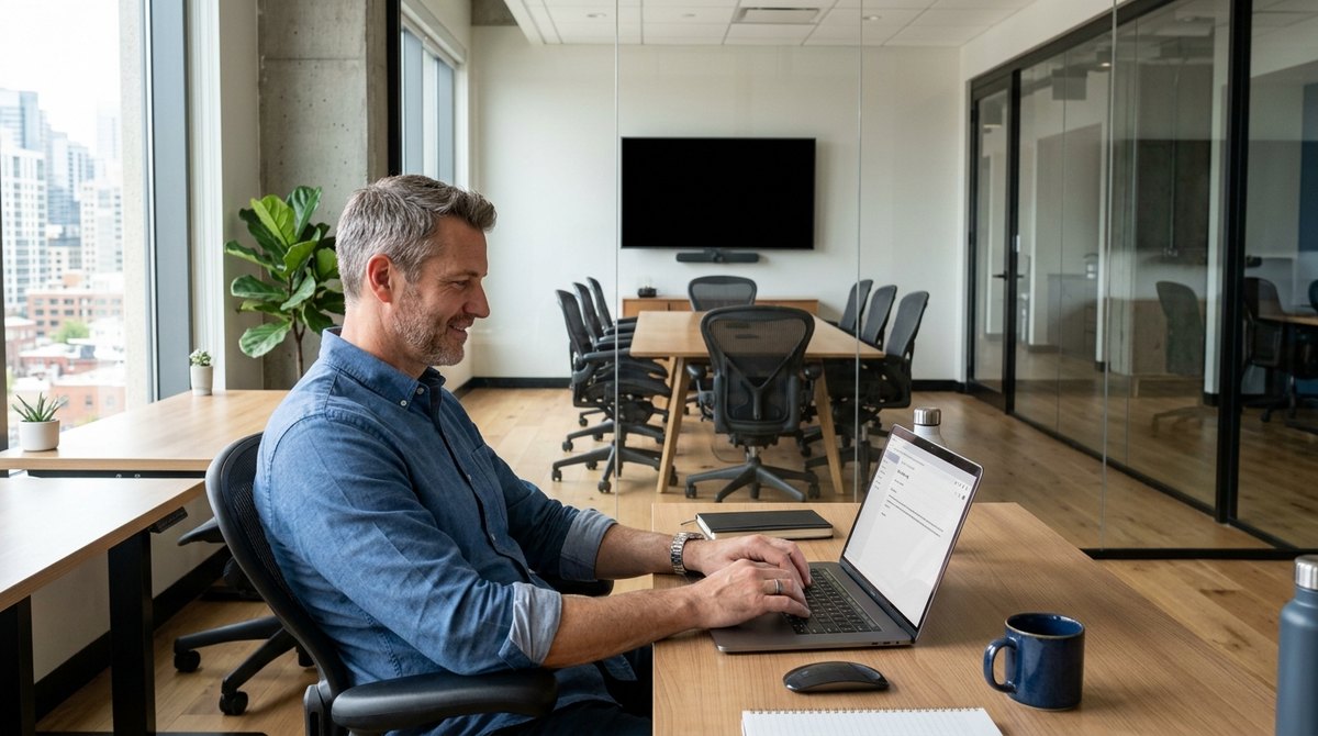 A man at his desk sends a short email on his laptop while an empty meeting room with chairs sits behind a glass wall
